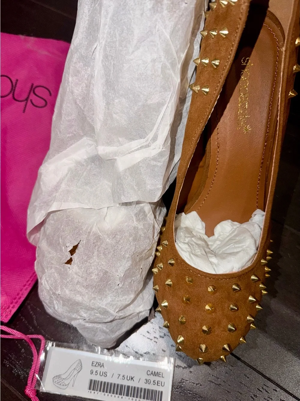Shoe Dazzle Ezra Camel Faux Suede Platform Pumps with Gold Studs